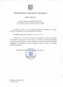 Президент Республики Молдова Игорь Додон наградил Орденом Республики Государственный университет физической культуры и спорта 