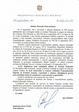 Comandantul suprem al forțelor armate ale Republicii Moldova a interzis participarea militarilor Forțelor Armate ale țării la exerciții și oricare alt tip de activitate desfășurată peste hotarele țării, fără acordul său