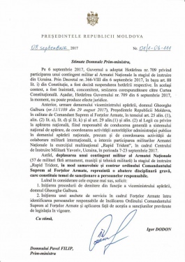 The Commander-in-Chief of the armed forces of the Republic of Moldova has banned the participation of the Armed Forces of the country in exercises and any other type of activity deployed abroad without his consent