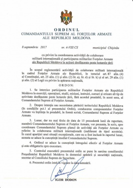 Comandantul suprem al forțelor armate ale Republicii Moldova a interzis participarea militarilor Forțelor Armate ale țării la exerciții și oricare alt tip de activitate desfășurată peste hotarele țării, fără acordul său