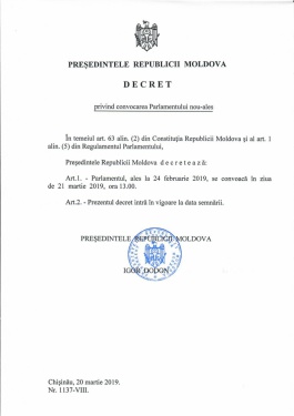 Президент Республики Молдова подписал Указ о созыве первого заседания Парламента