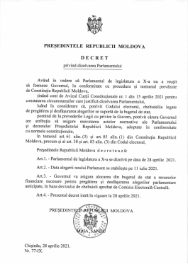 Заявление Президента Республики Молдова Майи Санду в связи с подписанием Указа о роспуске Парламента 