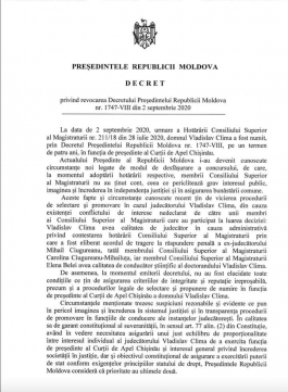 Президент Майя Санду отозвала указ о назначении Владислава Клима председателем Апелляционной палаты Кишинэу