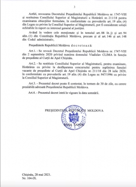 Президент Майя Санду отозвала указ о назначении Владислава Клима председателем Апелляционной палаты Кишинэу