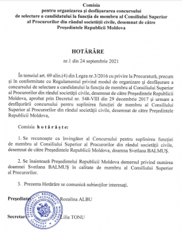 Comisia pentru selectarea membrului CSP din rândul societății civile, desemnat de către Președintele țării, a anunțat rezultatele concursului