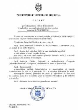 Vineri, 5 noiembrie este zi de doliu național în legătură cu funeraliile artistei plastice Valentina Rusu-Ciobanu