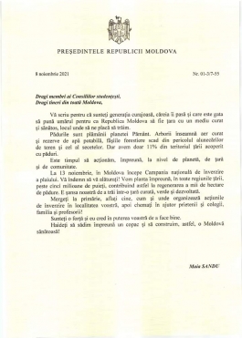 Președinta Maia Sandu îndeamnă tinerii din țară să se alăture Campaniei naționale de înverzire a plaiului