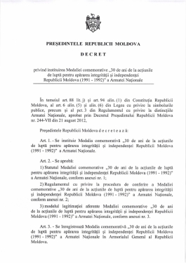 A fost instituită Medalia comemorativă „30 de ani de la acțiunile de luptă pentru apărarea integrității și independenței Republicii Moldova (1991-1992)” 