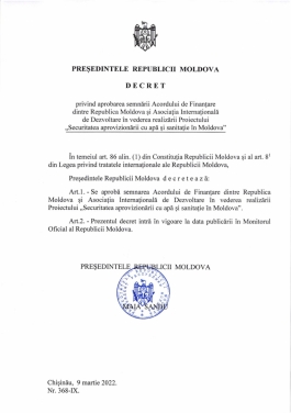 Președinta Maia Sandu a aprobat semnarea Acordului de Finanțare pentru realizarea proiectului ce va îmbunătăți infrastructura de acces la apă și canalizare în mai multe localități, inclusiv Comrat și Soroca