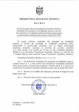 Președinta Maia Sandu a acordat Bursa prezidențială pentru 15 elevi și studenți din țară