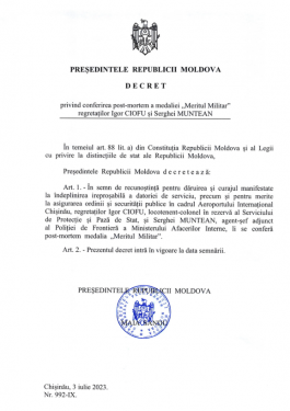 Președinta Maia Sandu a decretat ziua de 4 iulie zi de doliu național, în semn de comemorare a victimelor de la Aeroport