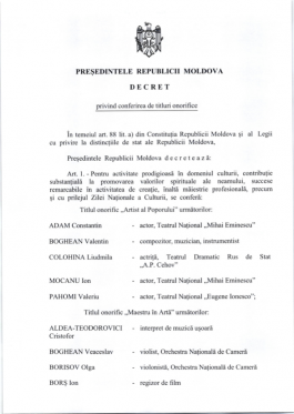 Cu ocazia Zilei Naționale a Culturii, Președinta Maia Sandu a conferit titluri onorifice pentru 31 de artiști, regizori, actori și  compozitori  