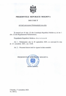 Президент Республики Молдова подписала указ о созыве новоизбранного Парламента