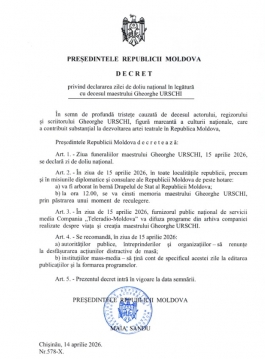 Ziua de 15 aprilie – declarată zi de doliu național, în legătură cu funeraliile maestrului Gheorghe Urschi